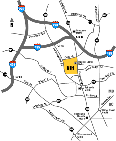 Map of Bethesda area showing NIH location