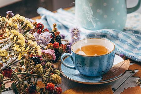 A cup of tea sits on a table surrounded by seasonal foliage.