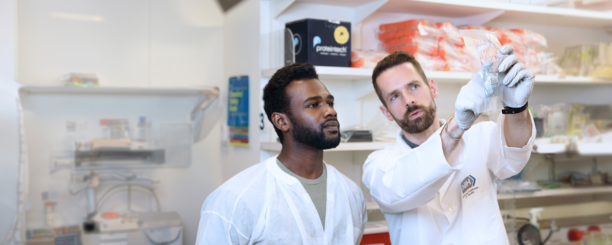 Two scientists in lab coats are engaging in research within a laboratory environment.