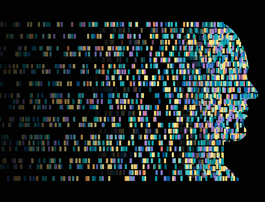 A stylized digital artwork depicting a human profile composed of colorful, rectangular mosaic tiles.