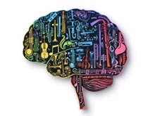 An illustration of a brain filled with musical notes and instruments.