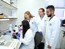 A group of researchers are standing together while one of them is looking into a microscope.